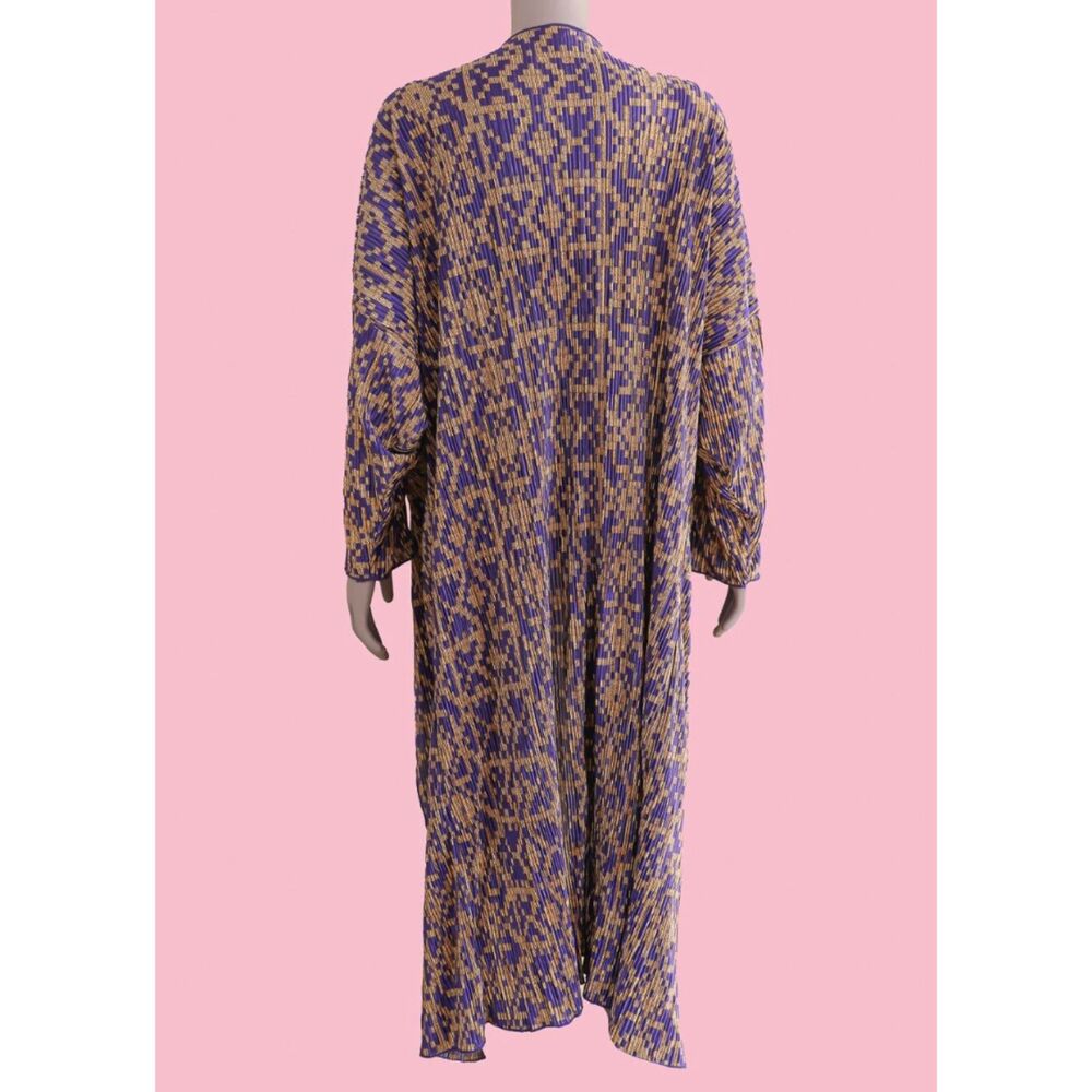 Purple Gold Print Pleated Duster Cardigan Kimono Open Front Boho Womens‎ Size L